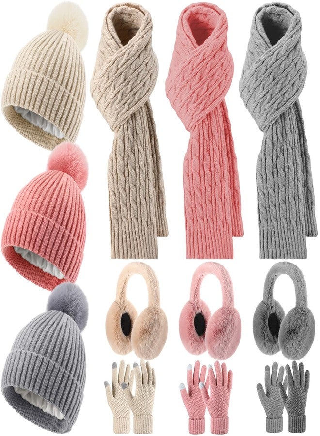 ShinyMatch 12 Pcs Winter Hat Gloves Scarf Earmuff Set Beanie Pompom Fleece Lining Hat Touch Screen Gloves Knitted Scarf(Beige, Pink,Gray,Classic Style) - Image 1