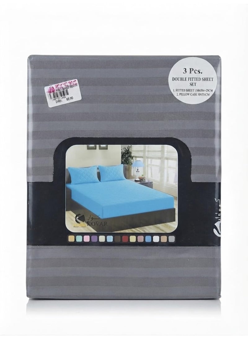LoomsNLayers 3-Piece Double Fitted Bed Sheet Set – Soft Microfiber Fitted Sheet 150x200+25cm with 2 Pillow Cases 50x75cm, Wrinkle Free, Deep Pocket, Sky Blue Stripe - Image 2