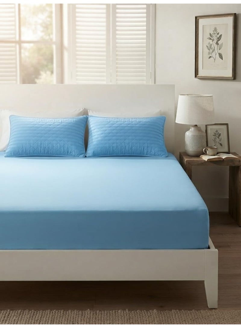 LoomsNLayers 3-Piece Double Fitted Bed Sheet Set – Soft Microfiber Fitted Sheet 150x200+25cm with 2 Pillow Cases 50x75cm, Wrinkle Free, Deep Pocket, Sky Blue Stripe - Image 1