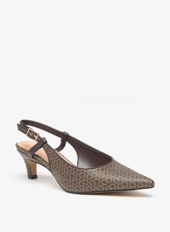 Celeste Women's Monogram Print Slingback Shoes with Kitten Heels  - Image 1