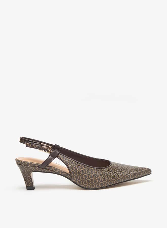 Celeste Women's Monogram Print Slingback Shoes with Kitten Heels  - Image 3