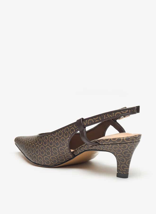 Celeste Women's Monogram Print Slingback Shoes with Kitten Heels  - Image 2