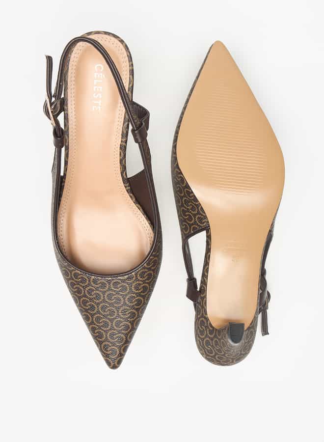 Celeste Women's Monogram Print Slingback Shoes with Kitten Heels  - Image 4