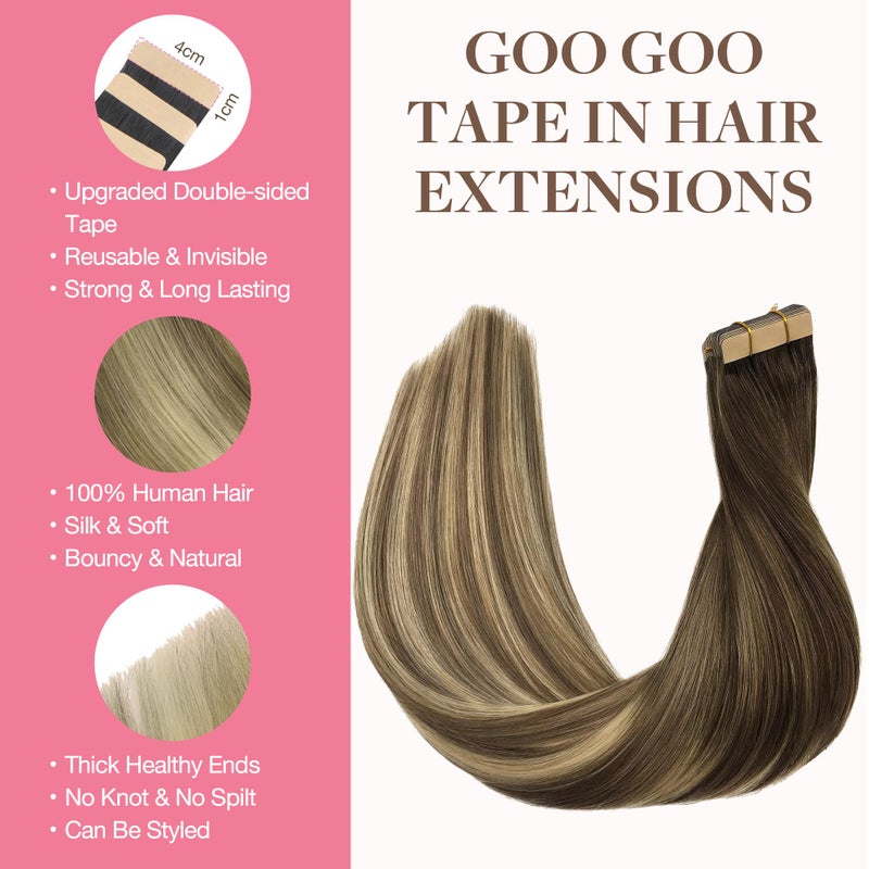 Goo-Goo GOO GOO Tape in Hair Extensions Human Hair, 3/8/613 Walnut Brown to Ash Brown and Bleach Blonde, 24inch 50g 20pcs, Skin Weft Seamless Invisible, Silky Straight with Thick Ends, Remy Human Hair - Image 2