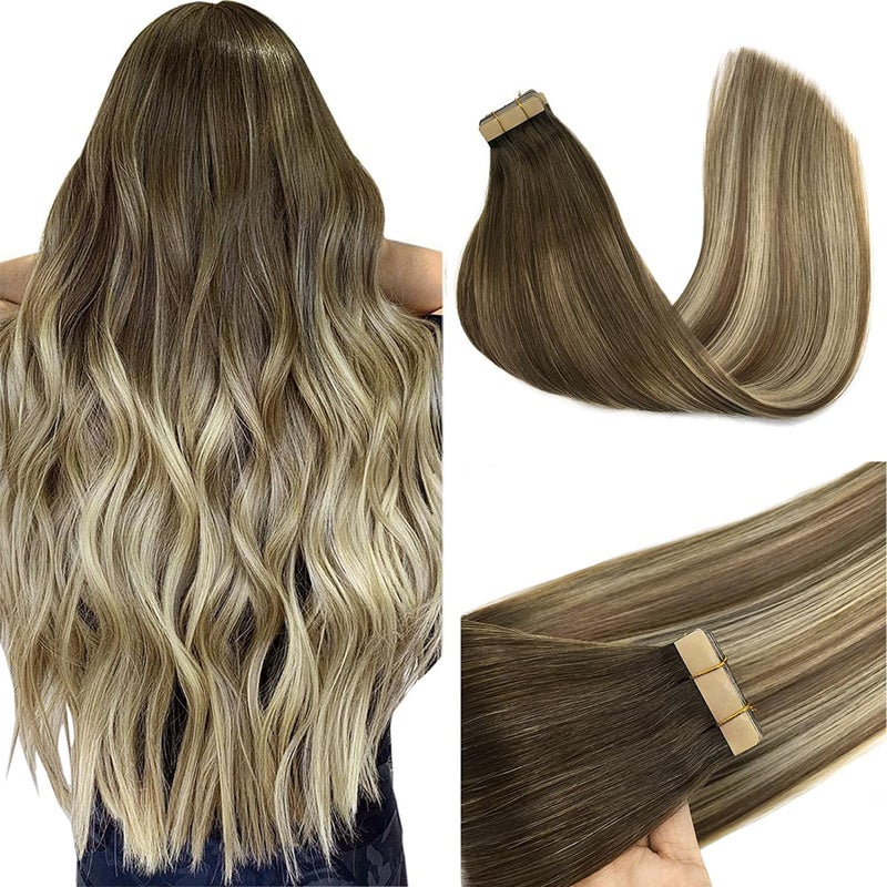 Goo-Goo GOO GOO Tape in Hair Extensions Human Hair, 3/8/613 Walnut Brown to Ash Brown and Bleach Blonde, 24inch 50g 20pcs, Skin Weft Seamless Invisible, Silky Straight with Thick Ends, Remy Human Hair - Image 1