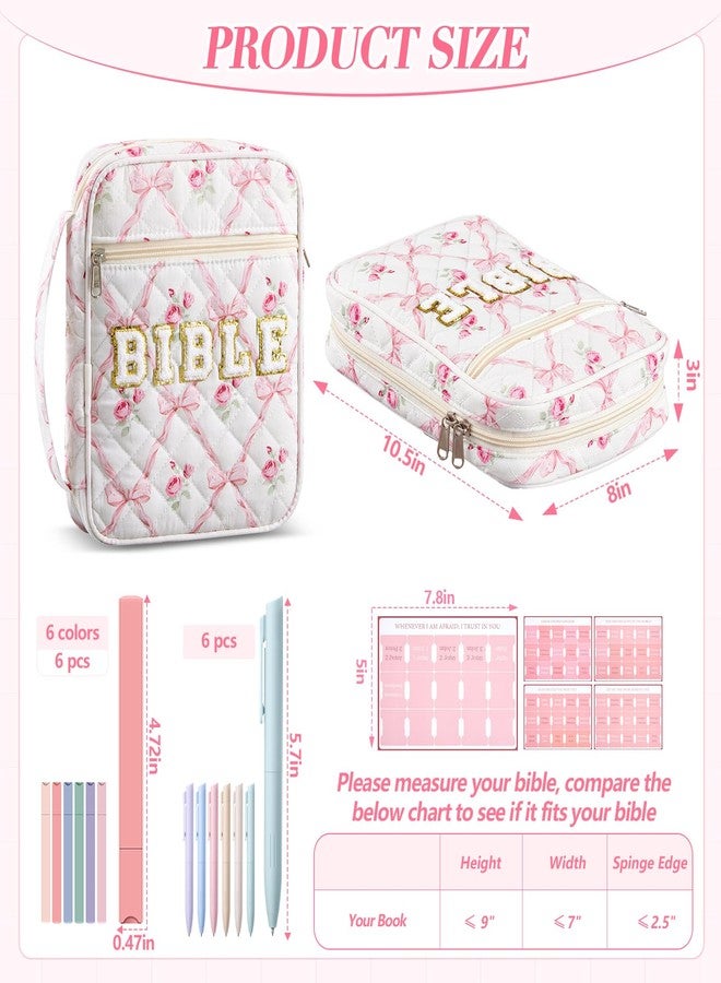Sinload Quilted Bible Cover Case for Women Large Carrying Bag with Organizer Tabs 6 Colored Pens 6 Highlighters Book Tote Bags with Handle Bible Carry Supplies Christian Gifts(Pink Bow Floral) - Image 2