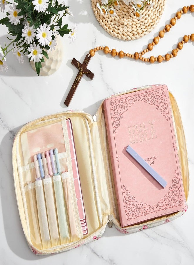 Sinload Quilted Bible Cover Case for Women Large Carrying Bag with Organizer Tabs 6 Colored Pens 6 Highlighters Book Tote Bags with Handle Bible Carry Supplies Christian Gifts(Pink Bow Floral) - Image 3