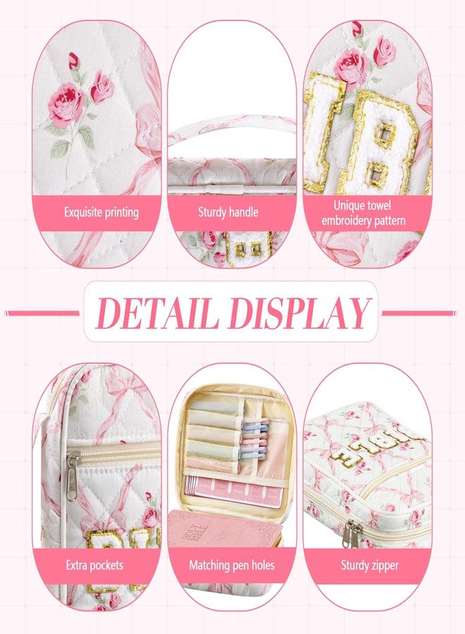 Sinload Quilted Bible Cover Case for Women Large Carrying Bag with Organizer Tabs 6 Colored Pens 6 Highlighters Book Tote Bags with Handle Bible Carry Supplies Christian Gifts(Pink Bow Floral) - Image 4