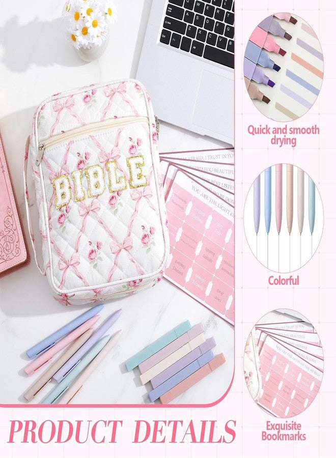 Sinload Quilted Bible Cover Case for Women Large Carrying Bag with Organizer Tabs 6 Colored Pens 6 Highlighters Book Tote Bags with Handle Bible Carry Supplies Christian Gifts(Pink Bow Floral) - Image 5