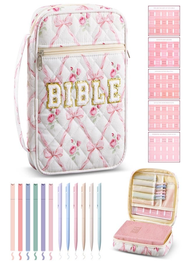 Sinload Quilted Bible Cover Case for Women Large Carrying Bag with Organizer Tabs 6 Colored Pens 6 Highlighters Book Tote Bags with Handle Bible Carry Supplies Christian Gifts(Pink Bow Floral) - Image 1