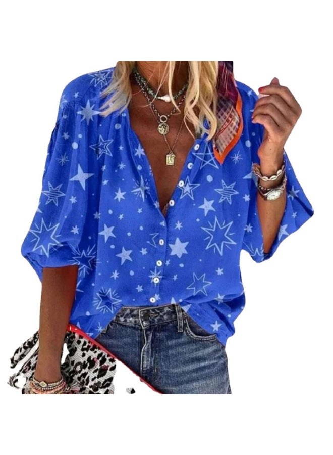 Spring And Summer New European And American Women's Star Printed Button Lapel Shirt For Women - Image 5