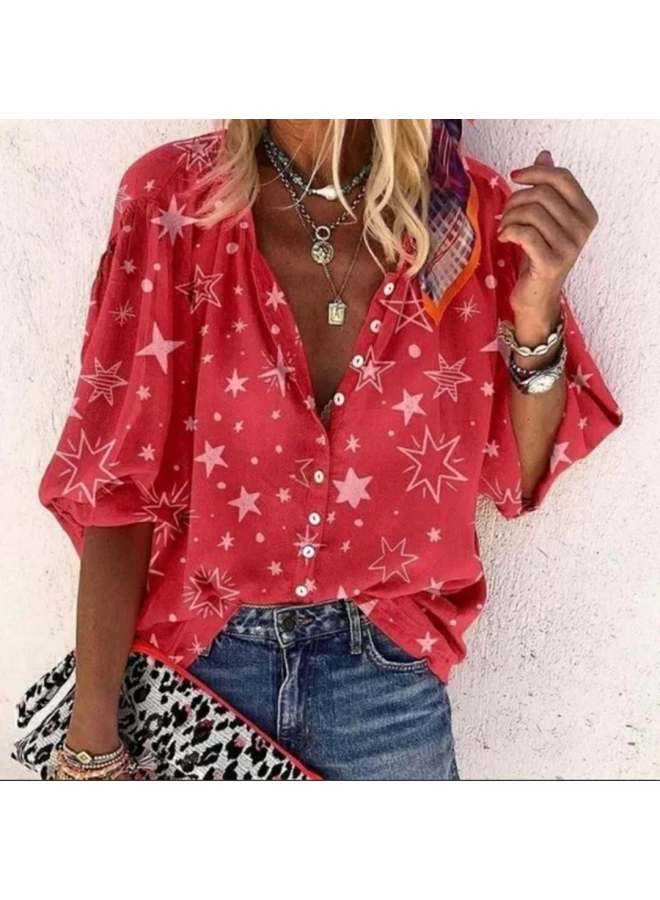Spring And Summer New European And American Women's Star Printed Button Lapel Shirt For Women - Image 1