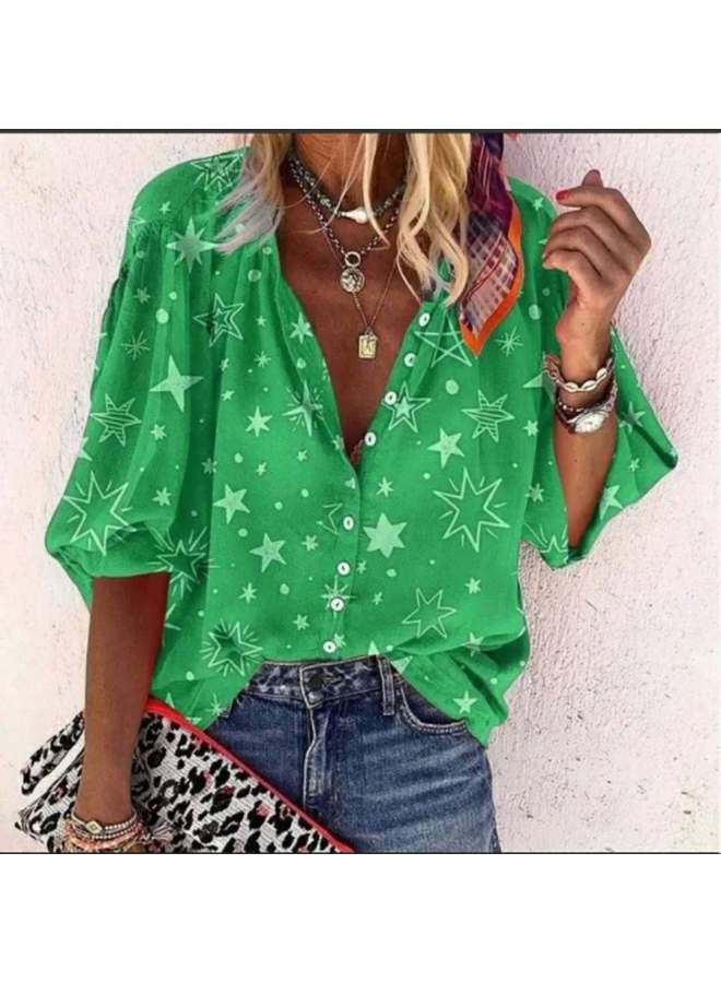 Spring And Summer New European And American Women's Star Printed Button Lapel Shirt For Women - Image 2
