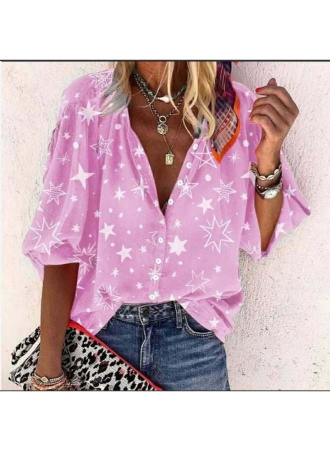 Spring And Summer New European And American Women's Star Printed Button Lapel Shirt For Women - Image 3
