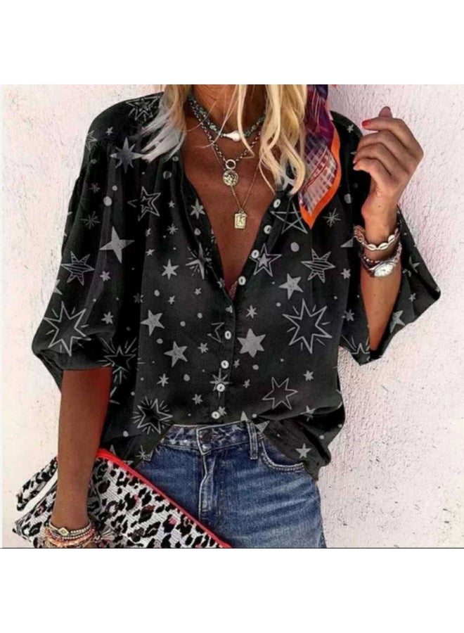 Spring And Summer New European And American Women's Star Printed Button Lapel Shirt For Women - Image 4