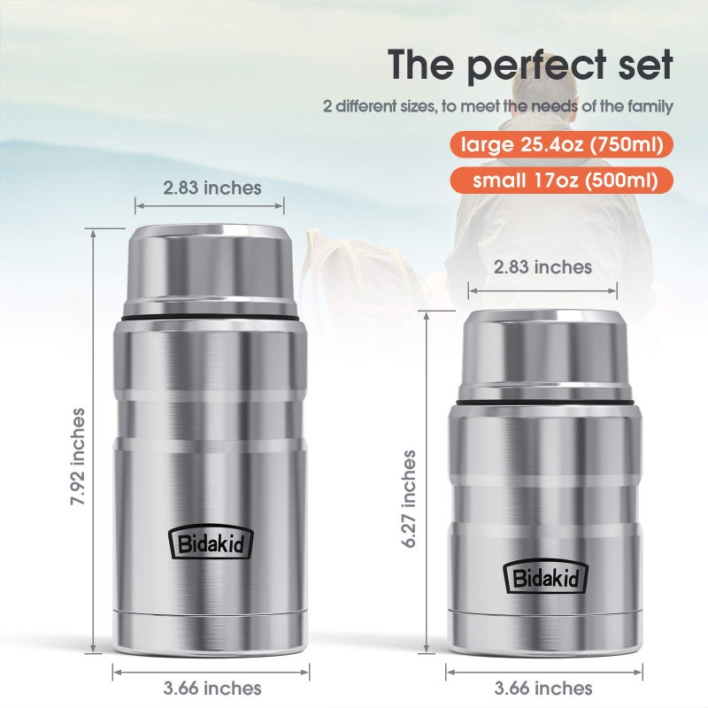 Bidakid Insulated Food Jar Set - 25.4oz & 17oz Stainless Steel Containers with Folding Spoon and Carrying Bags - Leak-Proof  Keeps Food Hot or Cold for up to 12 Hours - Ideal for Work  School  Travel - Image 5