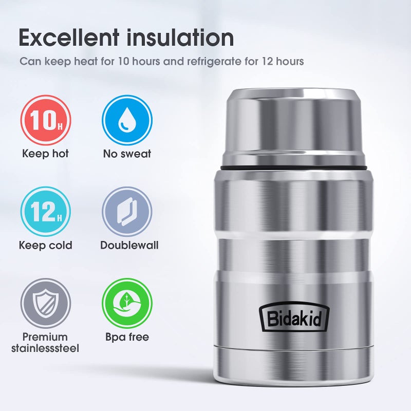 Bidakid Insulated Food Jar Set - 25.4oz & 17oz Stainless Steel Containers with Folding Spoon and Carrying Bags - Leak-Proof  Keeps Food Hot or Cold for up to 12 Hours - Ideal for Work  School  Travel - Image 2