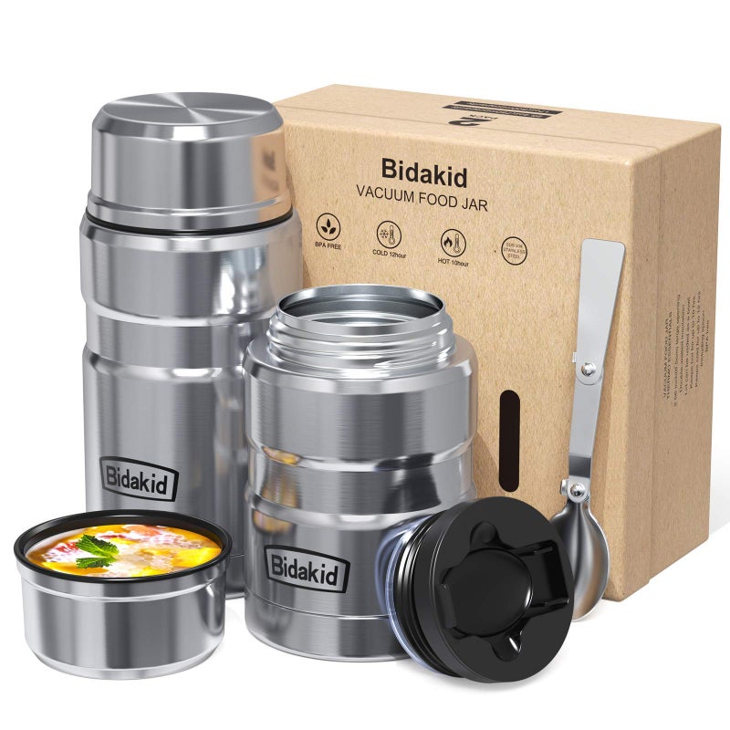 Bidakid Insulated Food Jar Set - 25.4oz & 17oz Stainless Steel Containers with Folding Spoon and Carrying Bags - Leak-Proof  Keeps Food Hot or Cold for up to 12 Hours - Ideal for Work  School  Travel - Image 1