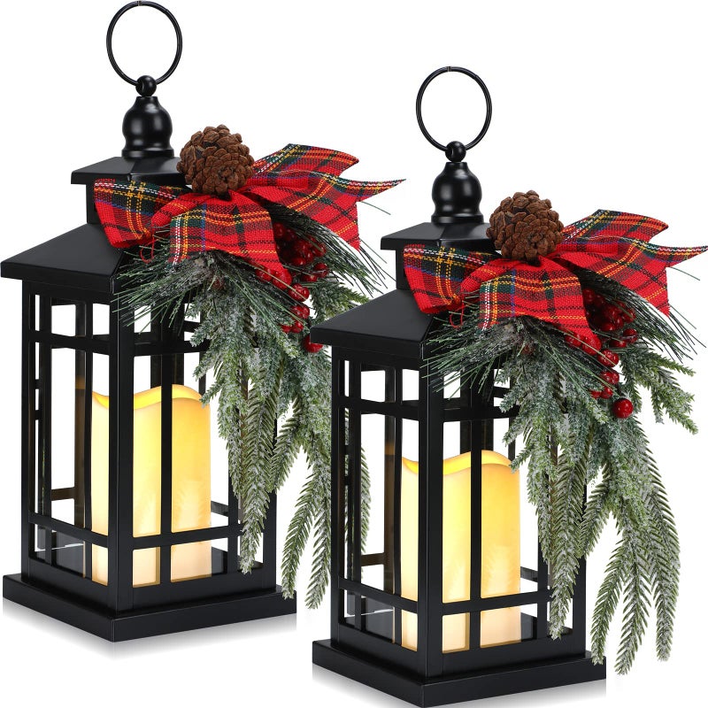 Tuanse 2 Pcs Christmas Decorative Lanterns Black Metal Christmas Party Hanging Candle Lantern Vintage Flameless Decorative Lanterns with LED Lights for Indoor Outdoor Home Table Porch