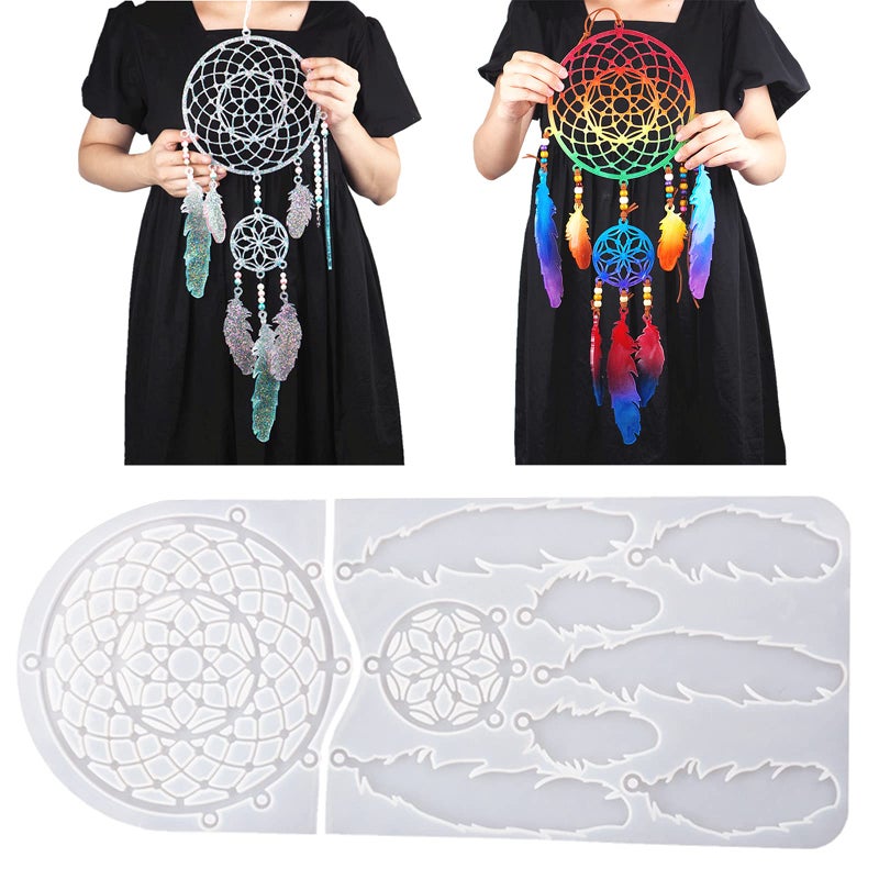 Large Dream Catcher Resin Mold Dreamcatcher Silicone Mold for Epoxy Resin Wall Hanging Feather Pendant Keychain Kit Ornament Making Mould Resin Accessory Craft Home Decoration