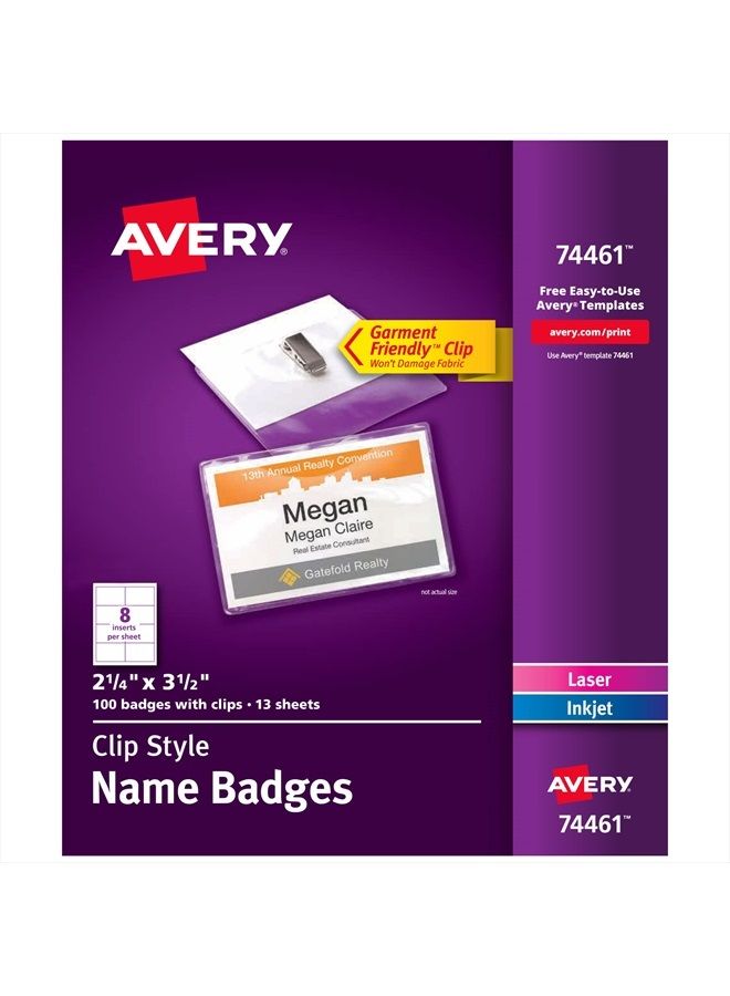 Avery Clip Name Badges, Print or Write, 2.25" x 3.5", 100 Inserts & Badge Holders with Clips (74461) - Image 1
