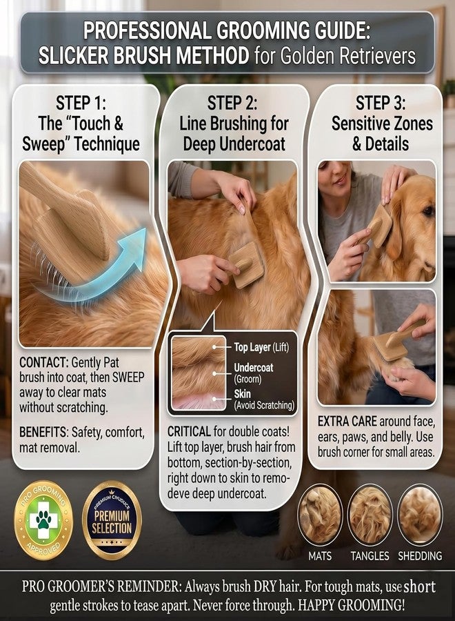 COZYGIFT Slicker Brush for Dogs 4PCS- Lrage Dog Grooming Kit, Goldendoodle Labradoodle & Poodles with Detangling Comb for Haired Dogs, Matted Hair & Bath Massage Set, Naturally - Image 3