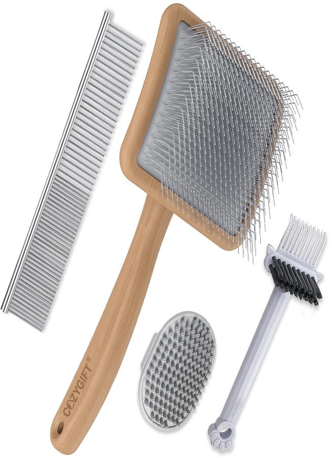 COZYGIFT Slicker Brush for Dogs 4PCS- Lrage Dog Grooming Kit, Goldendoodle Labradoodle & Poodles with Detangling Comb for Haired Dogs, Matted Hair & Bath Massage Set, Naturally - Image 1