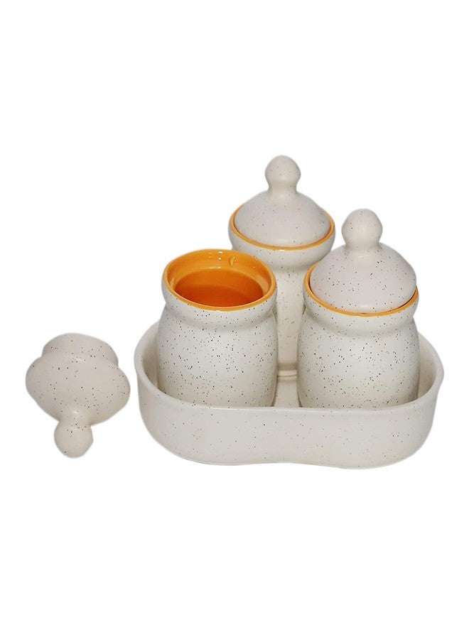 Jetwals Ceramic Handmade Pickle Jar Set 3 (200ml) with Lid and Tray, Dining Table Pickle Container (white tray set) - Image 1