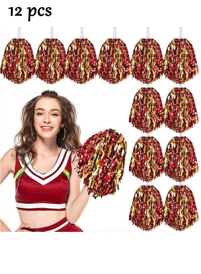 OMEVE 12 Pack Pom Poms Cheerleading Cheerleader Pom Poms Spirited Cheer Pom Poms Cheerleader Pom Poms Baton Handle Metallic Foil Fun Pom Poms for Sports Team Party Dance Cheering, Red and Gold - Image 1
