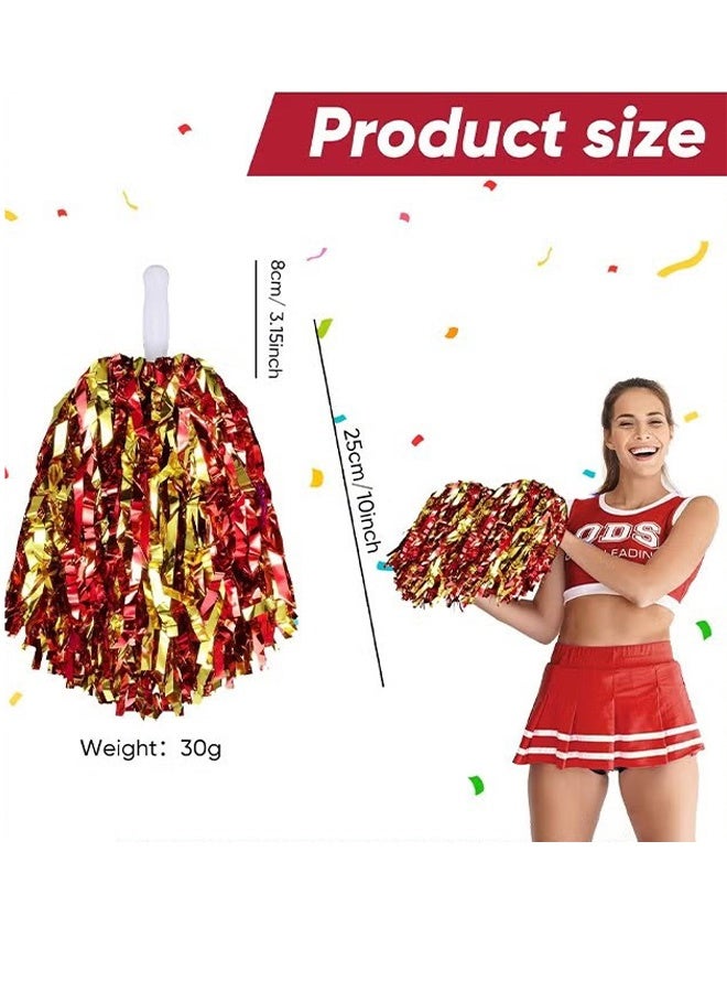 OMEVE 12 Pack Pom Poms Cheerleading Cheerleader Pom Poms Spirited Cheer Pom Poms Cheerleader Pom Poms Baton Handle Metallic Foil Fun Pom Poms for Sports Team Party Dance Cheering, Red and Gold - Image 2