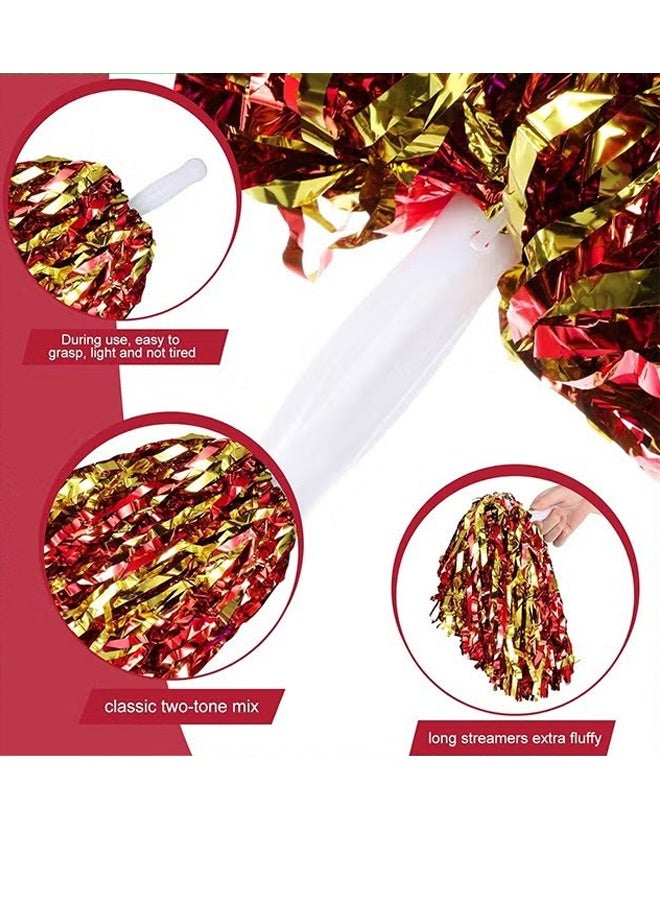 OMEVE 12 Pack Pom Poms Cheerleading Cheerleader Pom Poms Spirited Cheer Pom Poms Cheerleader Pom Poms Baton Handle Metallic Foil Fun Pom Poms for Sports Team Party Dance Cheering, Red and Gold - Image 3