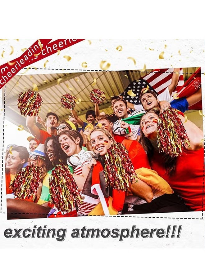 OMEVE 12 Pack Pom Poms Cheerleading Cheerleader Pom Poms Spirited Cheer Pom Poms Cheerleader Pom Poms Baton Handle Metallic Foil Fun Pom Poms for Sports Team Party Dance Cheering, Red and Gold - Image 5