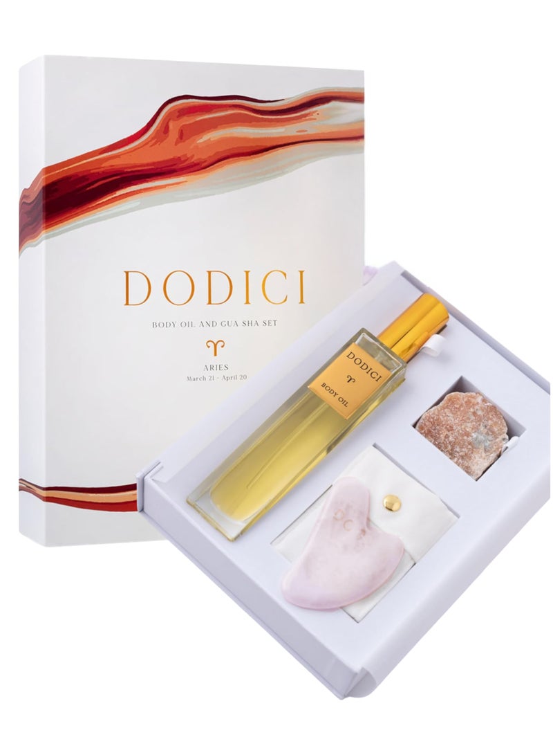 Dodici Gift Set Inspired by Your Zodiac Sign (Aries) Silky and luxurious body oil made from ecological oils | Perfect for a Birthday Gift | Organic Body Oil & Natural ORANGE CALCITE Gift Set + Gua Sha - Image 1