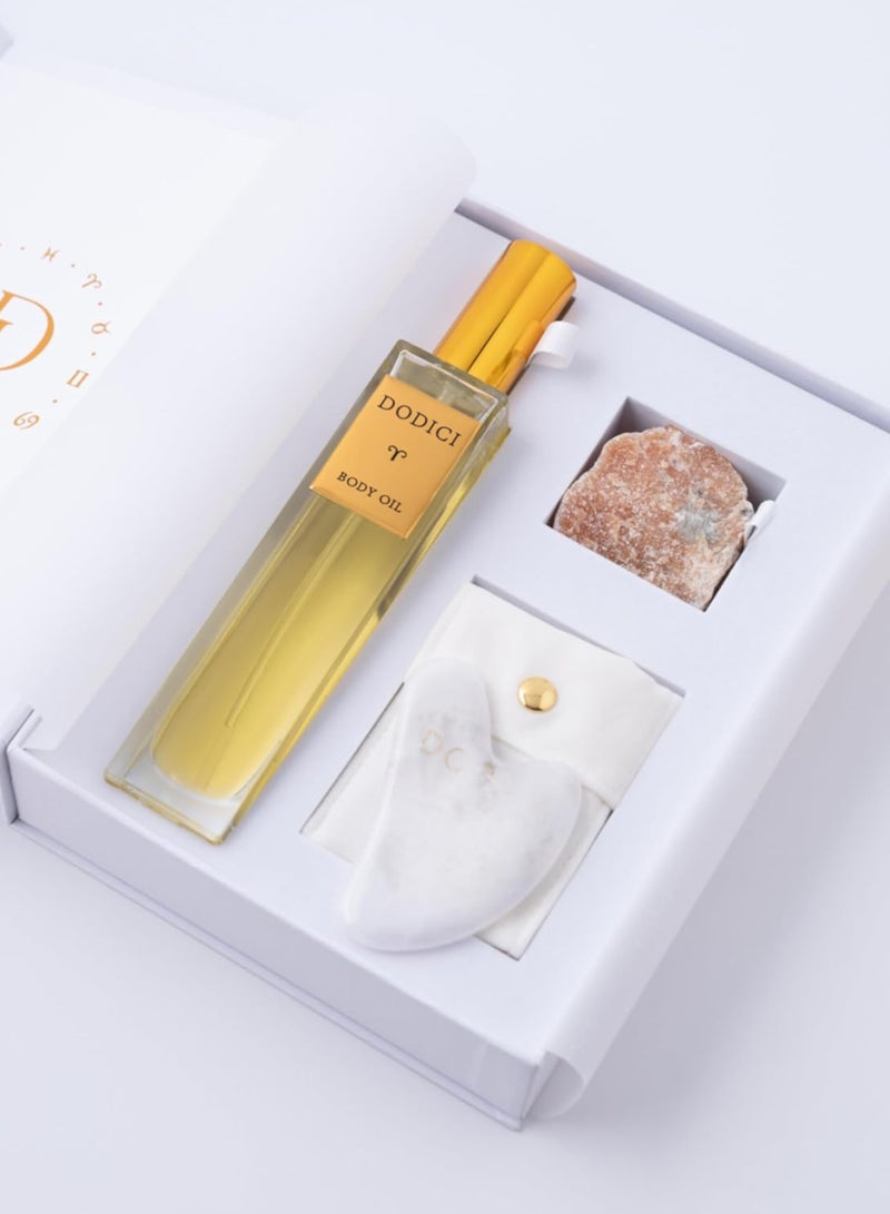 Dodici Gift Set Inspired by Your Zodiac Sign (Aries) Silky and luxurious body oil made from ecological oils | Perfect for a Birthday Gift | Organic Body Oil & Natural ORANGE CALCITE Gift Set + Gua Sha - Image 4