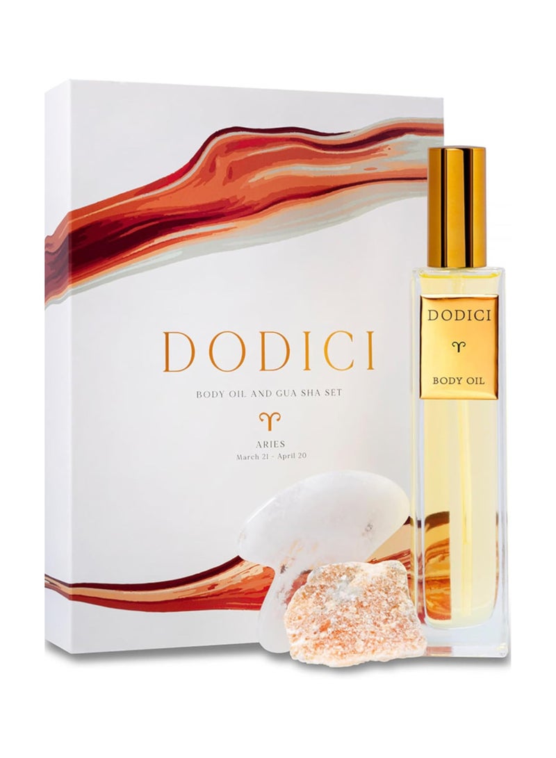 Dodici Gift Set Inspired by Your Zodiac Sign (Aries) Silky and luxurious body oil made from ecological oils | Perfect for a Birthday Gift | Organic Body Oil & Natural ORANGE CALCITE Gift Set + Gua Sha - Image 2