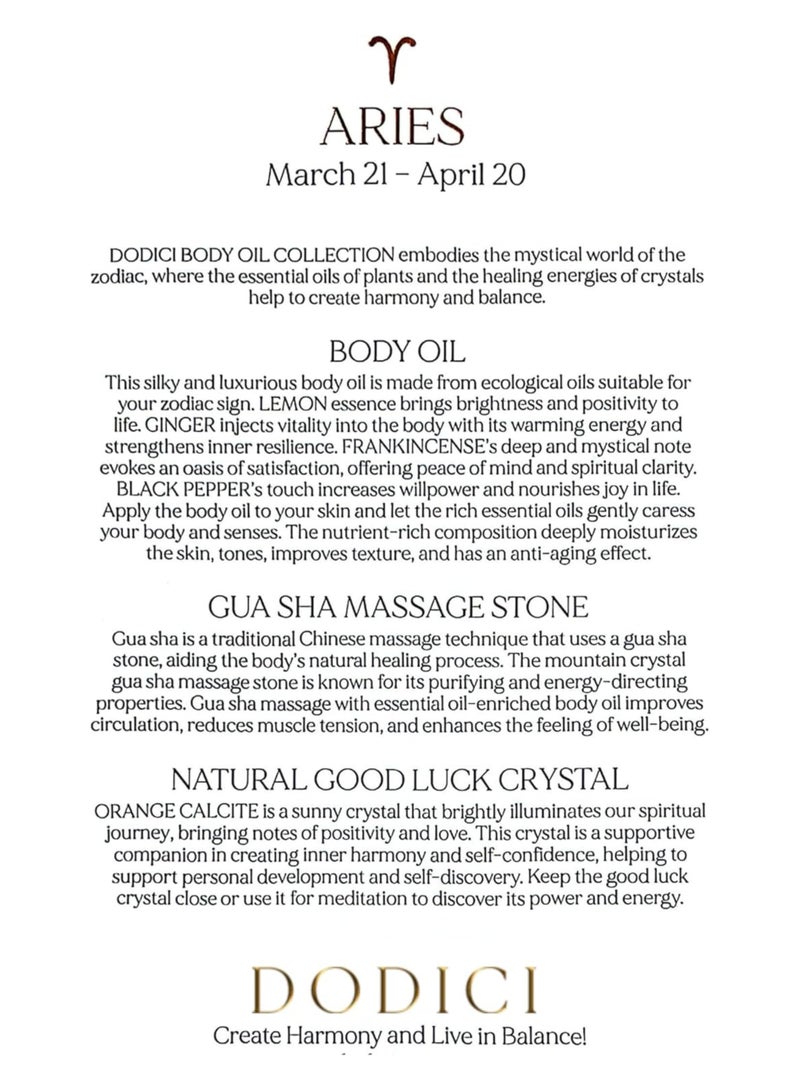 Dodici Gift Set Inspired by Your Zodiac Sign (Aries) Silky and luxurious body oil made from ecological oils | Perfect for a Birthday Gift | Organic Body Oil & Natural ORANGE CALCITE Gift Set + Gua Sha - Image 3