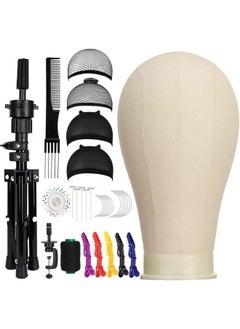 SZCY LLC SZCY LLC 23 Inch Canvas Block Wig Head, Wig Stand Tripod with Head, Mannequin Head for Wigs, Manikin Head Block for Wigs Making Display with Wig Caps, T Pins C Bristle Brush  - Image 1