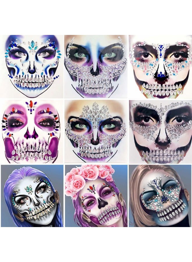 Leoars Skull Face Jewels Day of the Death Face Gems for Halloween Face Decals,6-Pack - Image 1