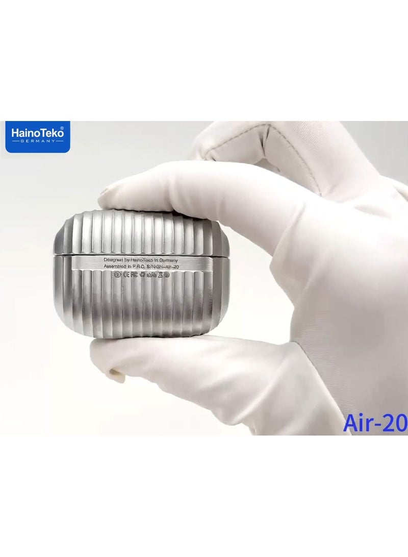 هينو تيكو سماعات أذن Haino Teko Air-20 معدنية تعمل بتقنية البلوتوث مع تقنية موسيقى عالية الجهير وميكروفون فائق الوضوح وتحكم باللمس متعدد الوظائف متوافق مع أجهزة iPhone وiPad باللون الأبيض - Image 5