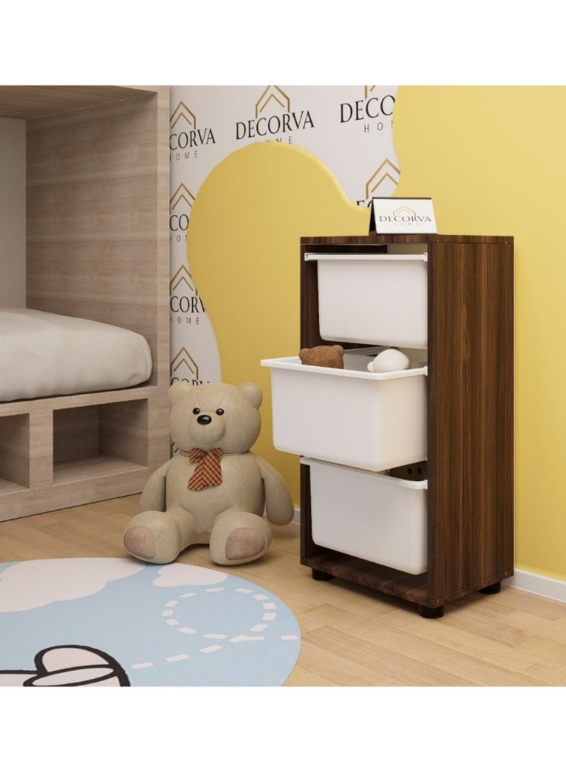خزانة تخزين خشبية بـ3 أدراج بلاستيكية – خزانة ملابس وصندوق ألعاب للأطفال – بني/أبيض - Image 1
