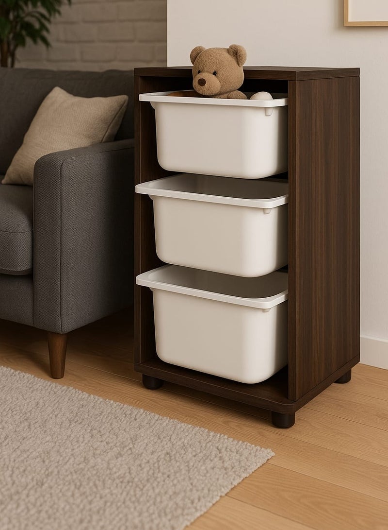 خزانة تخزين خشبية بـ3 أدراج بلاستيكية – خزانة ملابس وصندوق ألعاب للأطفال – بني/أبيض - Image 2