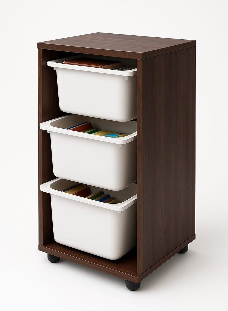 خزانة تخزين خشبية بـ3 أدراج بلاستيكية – خزانة ملابس وصندوق ألعاب للأطفال – بني/أبيض - Image 3