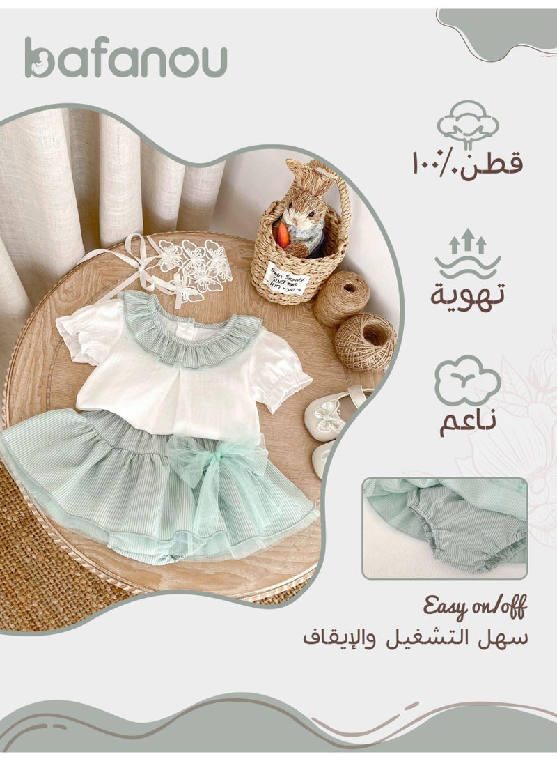 Bafanou Bafanou Children's Suit Summer Baby Girl Puff Sleeves Top Striped Shorts 2-piece Set Thin Cotton Kids Clothescc  - Image 2