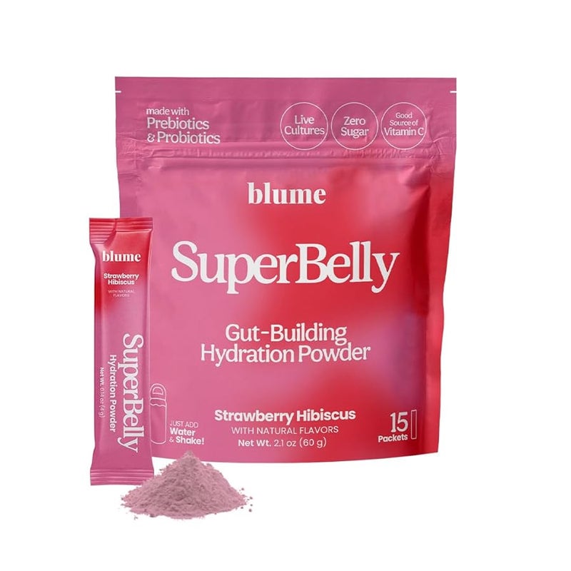 BlumeNew SuperBelly Gut Health and OnTheGo Hydration Packets SugarFree with Prebiotics Probiotics Apple Cider Vinegar Vitamin C and Electrolytes Strawberry Hibiscus 15 Sticks