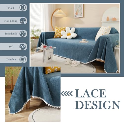 HANDONTIME Loveseat Cover Navy Blue Couch Covers Easy Fitted Sofa Covers for 3 Cushion Couch Universal Sofa Cover Durable Furniture Protector with Lace Sofa Throw Cover for Kids Dogs Pets, 71" X118" - Image 2
