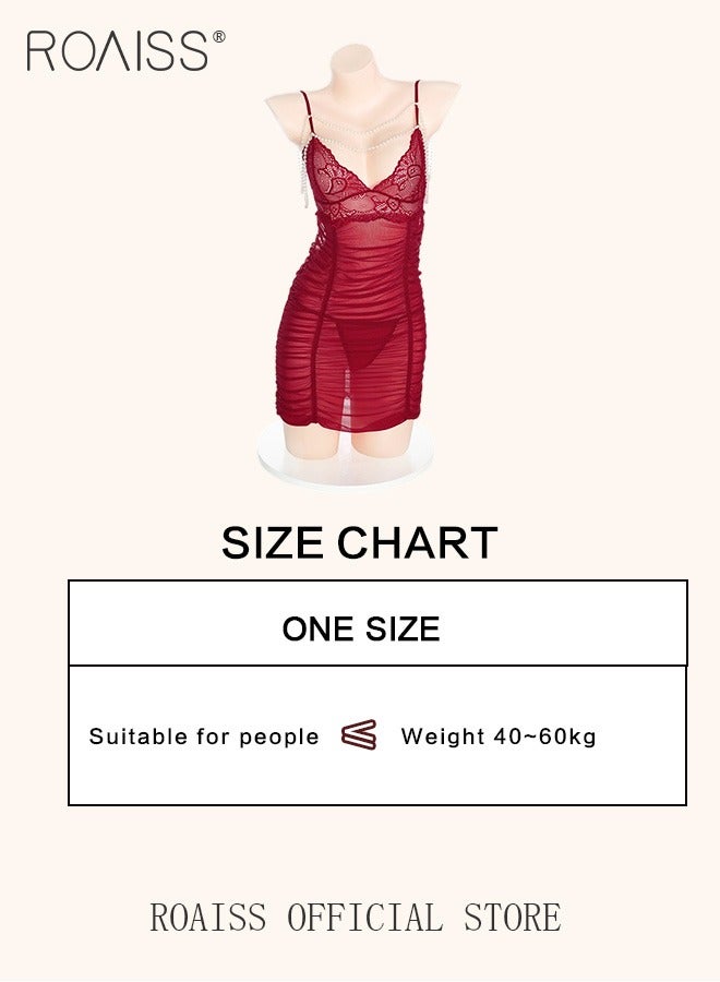 roaiss Lace Floral Lingerie Set for Women Bead Pearl Chain Decor Mesh Comfy and Breathable Nightgown Suit with Thong for Girls Red Sleeveless Underwear Dress - Image 2