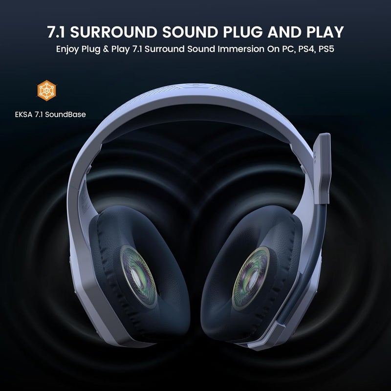 EKSA سماعة الألعاب اللاسلكية E1000WT، سماعات USB للألعاب بتردد 2.4GHz مع ميكروفون للكمبيوتر، PS5، PS4، نينتندو سويتش، سماعة محيطية 7.1، إضاءة RGB، تصميم مريح كهدية عيد ميلاد - Image 3