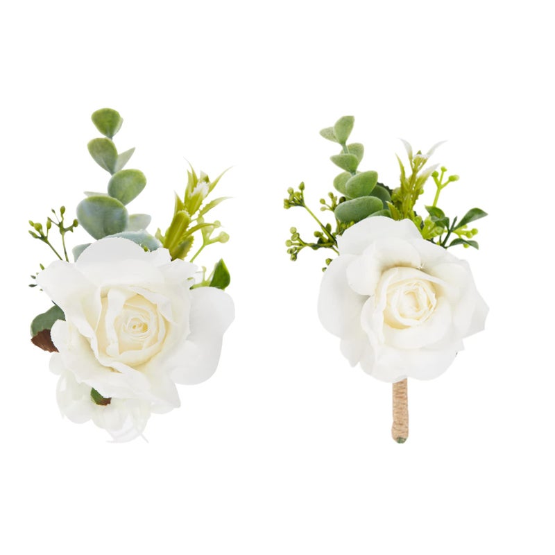 Meldel White Corsage and Boutonniere Set Ivory Boutonniere Prom Flower Wrist Corsage Bracelets Homecoming Corsage Wristlet Men Boutonniere for Wedding Flowers Accessories Prom Suit Decorations