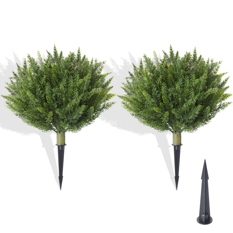 LAFORMO 15.7-inch Artificial Cedar Ball Tree Plant, 2 Packs of Fake Cedar Outdoor shrubs with Ground Spike, UV Resistant Fake shrubs, Used for Indoor and Outdoor Front Porch Gardens - Image 1