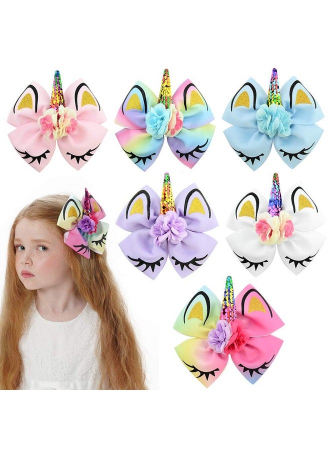jollybows Girls Unicorn Hair Bows with Alligator Hair Clips Cheer Bows Hair Accessories for Kids Toddlers 6 Packs - Image 1